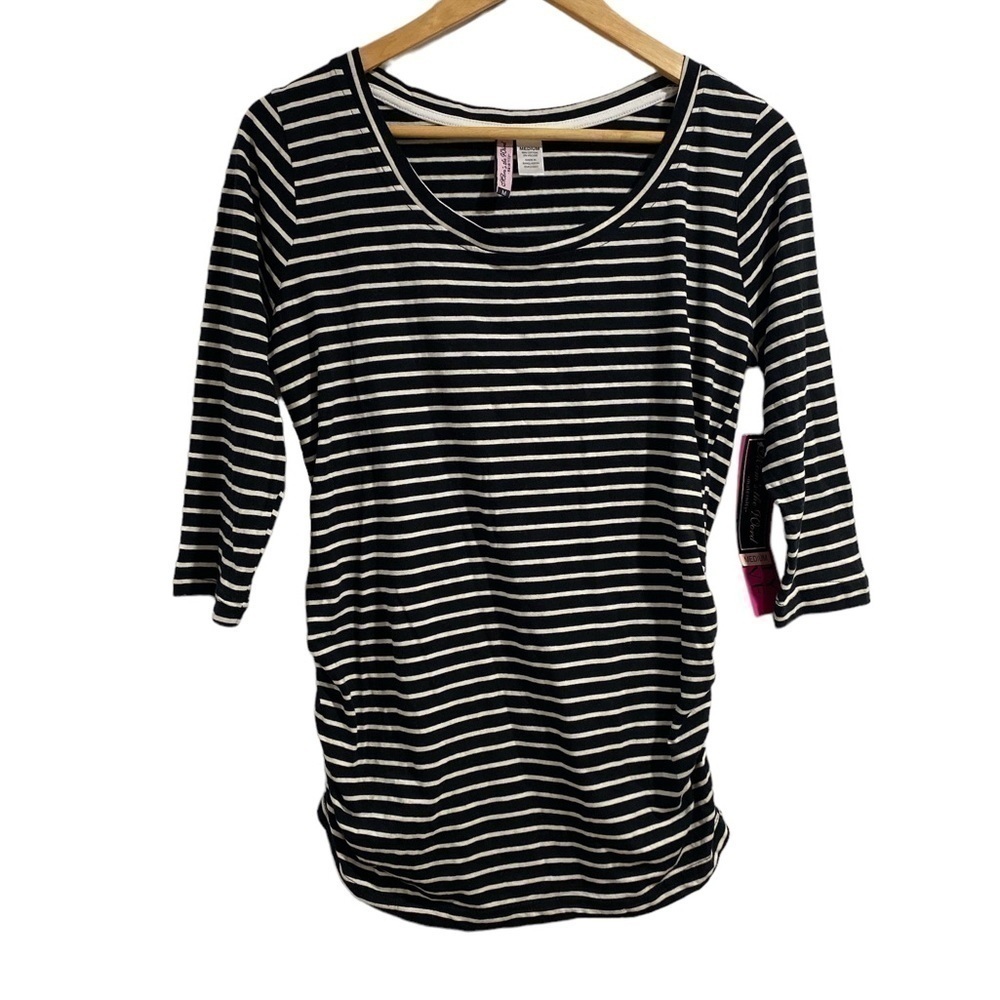 Maternity striped shirt cinch sides stretch 3/4 sleeve medium black white NEW
